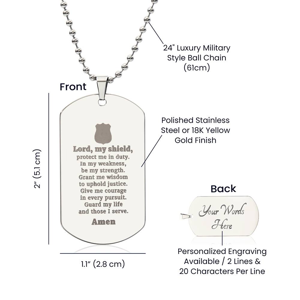 Police Prayer Badge Engraved Dog Tag Bible Necklace Stainless Steel or 18k Gold w 24" Chain