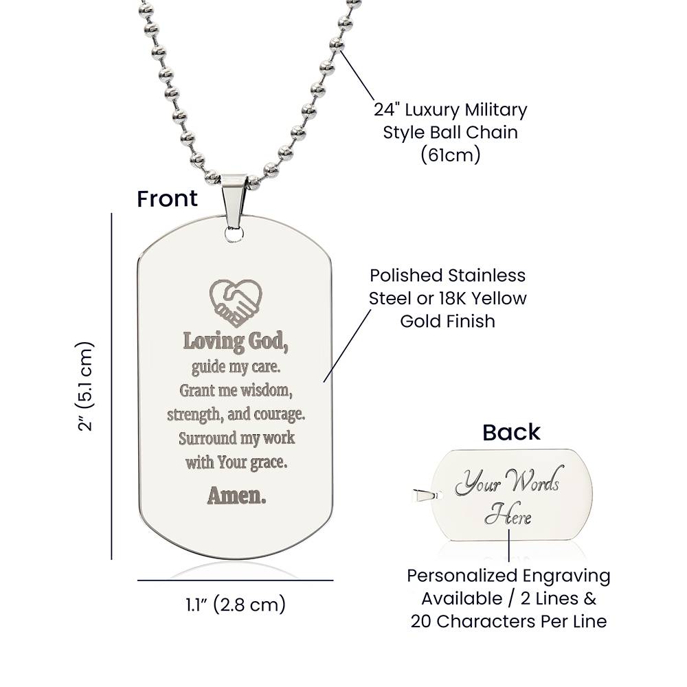 Social Workers Prayer Engraved Dog Tag Bible Necklace Stainless Steel or 18k Gold w 24" Chain
