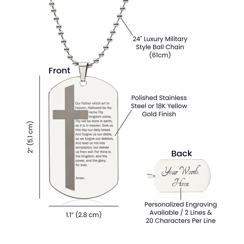Lord's Prayer Engraved Dog Tag Necklace Stainless Steel or 18k Gold w 24" Chain-Express Your Love Gifts