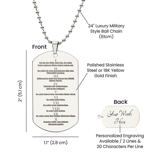 Ten Commandments German 10 Gebote Halskette Engraved Dog Tag Necklace Stainless Steel or 18k Gold w 24" Chain-Express Your Love Gifts