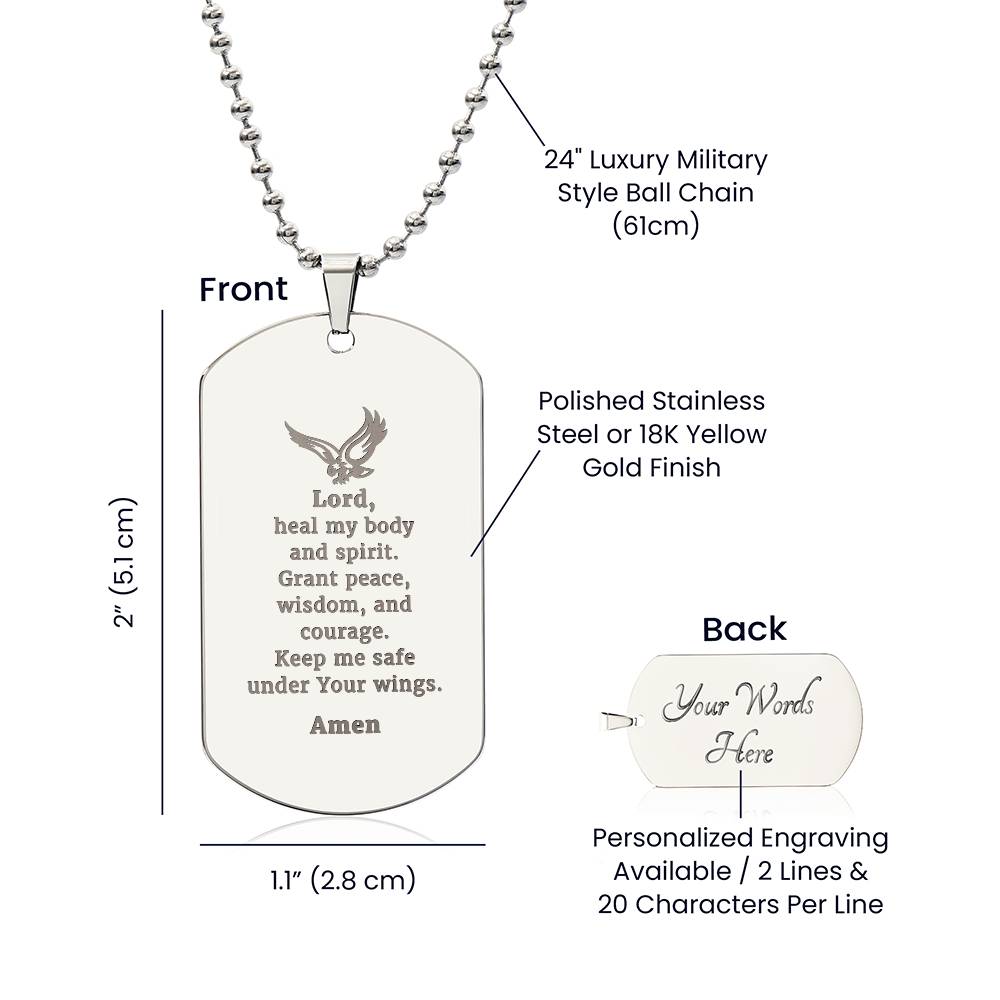 Veterans Prayer Engraved Dog Tag Bible Necklace Stainless Steel or 18k Gold w 24" Chain