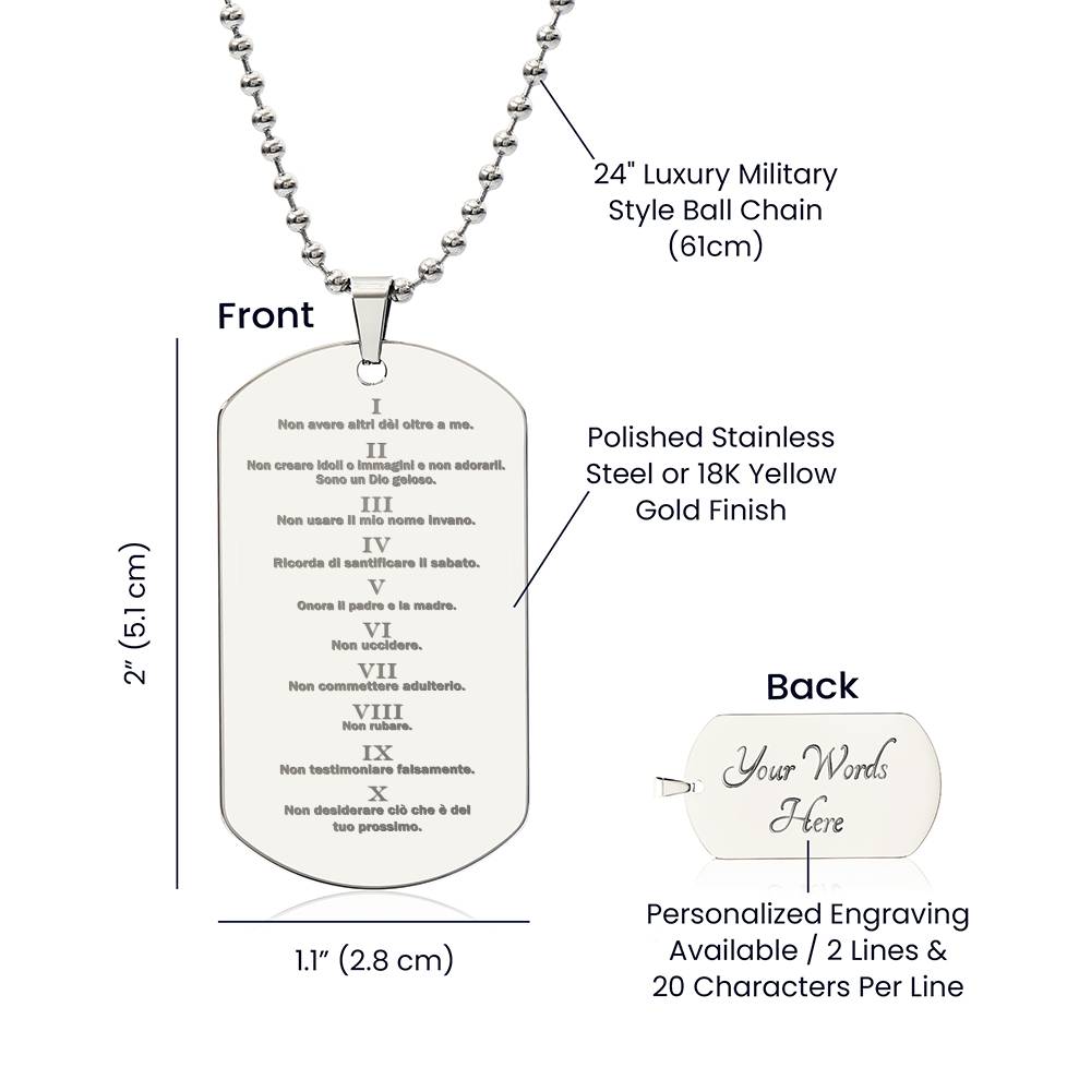 Ten Commandments Italian Dieci Comandamenti Engraved Dog Tag Necklace Stainless Steel or 18k Gold w 24" Chain-Express Your Love Gifts