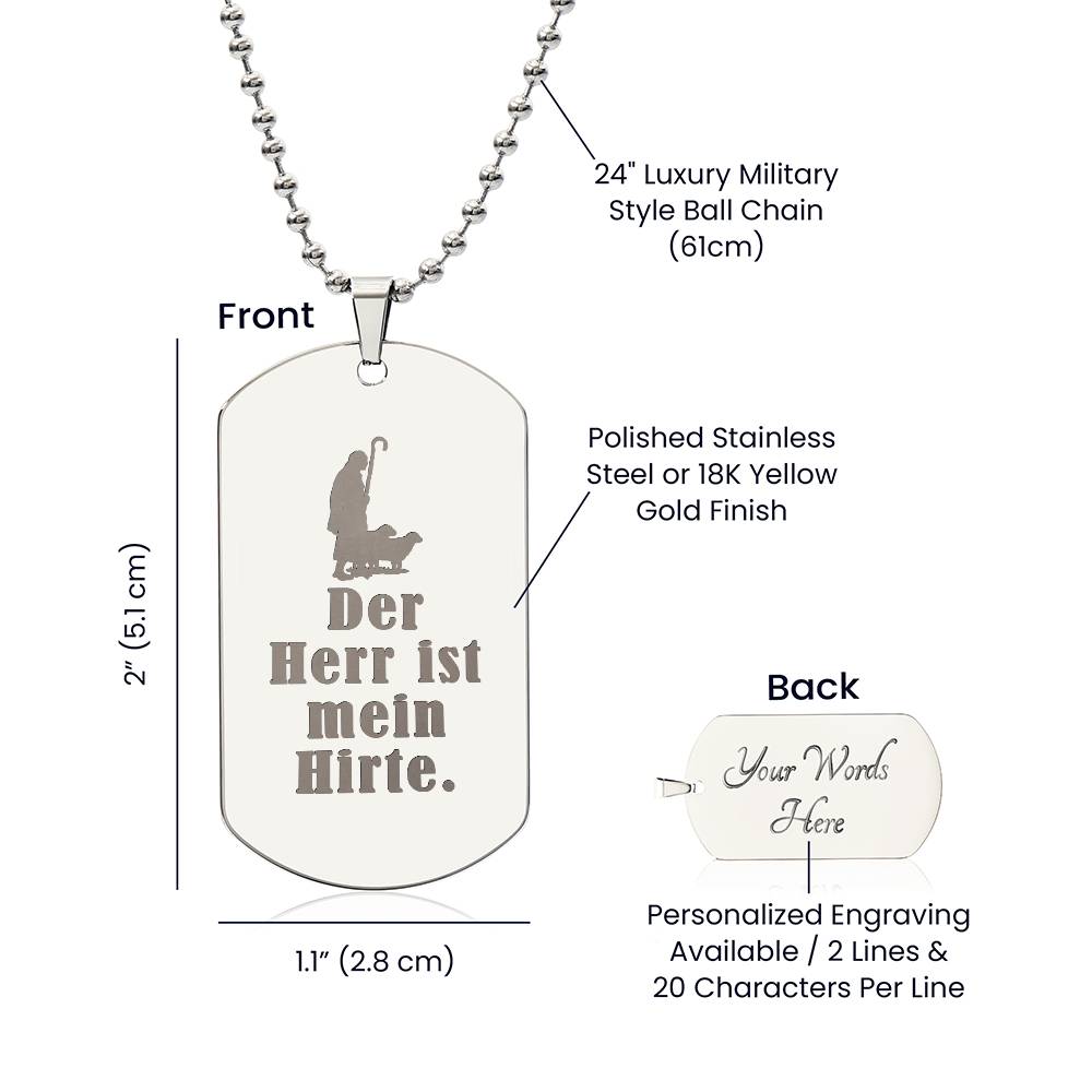 Lord is My Shephard Psalm 23 German Engraved Dog Tag Bible Necklace Stainless Steel or 18k Gold w 24" Chain