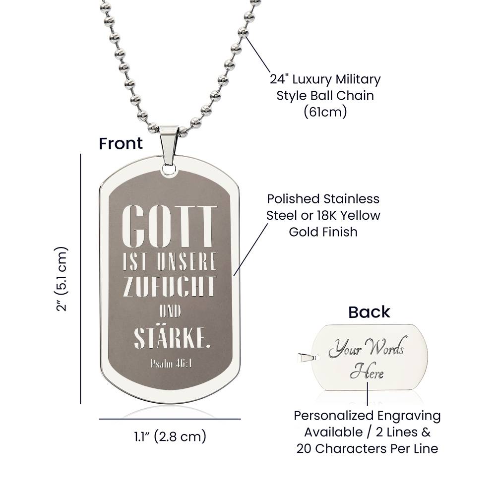 Psalm 46:10 God is Our Refuge and Strength German Engraved Dog Tag Bible Necklace Stainless Steel or 18k Gold w 24" Chain