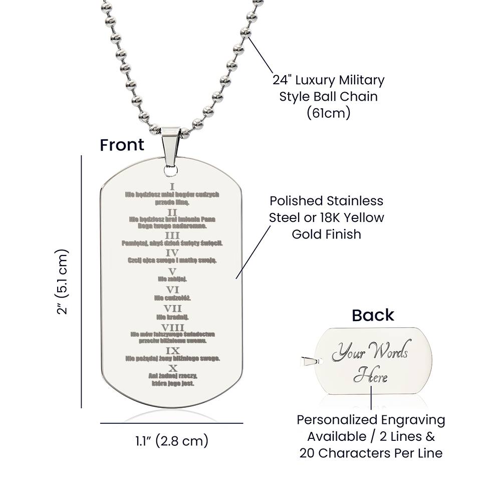Ten Commandments Polish Przykazań Bożych Engraved Dog Tag Necklace Stainless Steel or 18k Gold w 24" Chain-Express Your Love Gifts