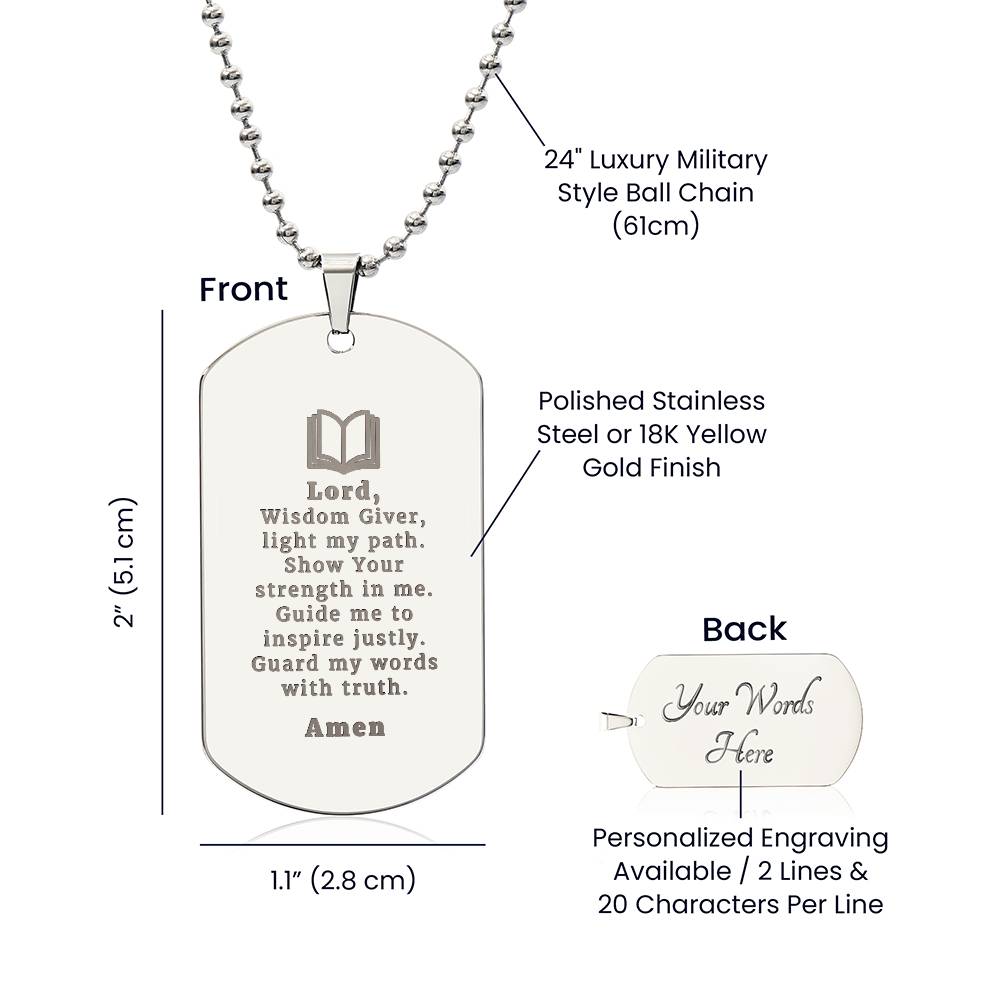 Teachers Prayer Engraved Dog Tag Bible Necklace Stainless Steel or 18k Gold w 24" Chain