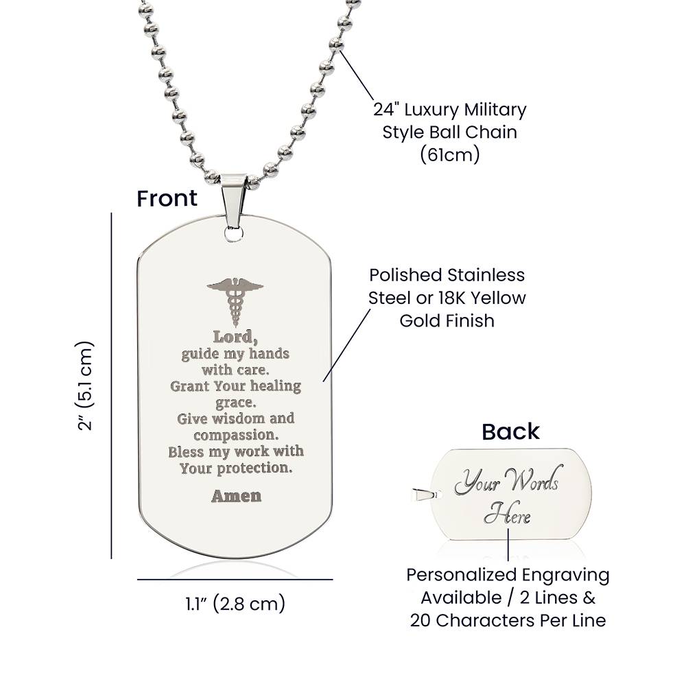 Doctors Prayer Engraved Dog Tag Bible Necklace Stainless Steel or 18k Gold w 24" Chain