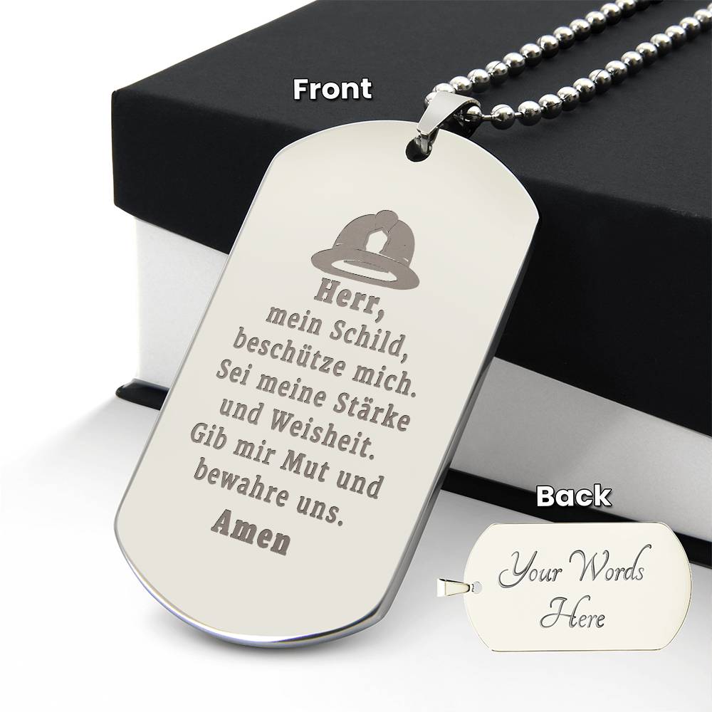 Feuerwehrmann German Firefighter Prayer Engraved Dog Tag Bible Necklace Stainless Steel or 18k Gold w 24" Chain