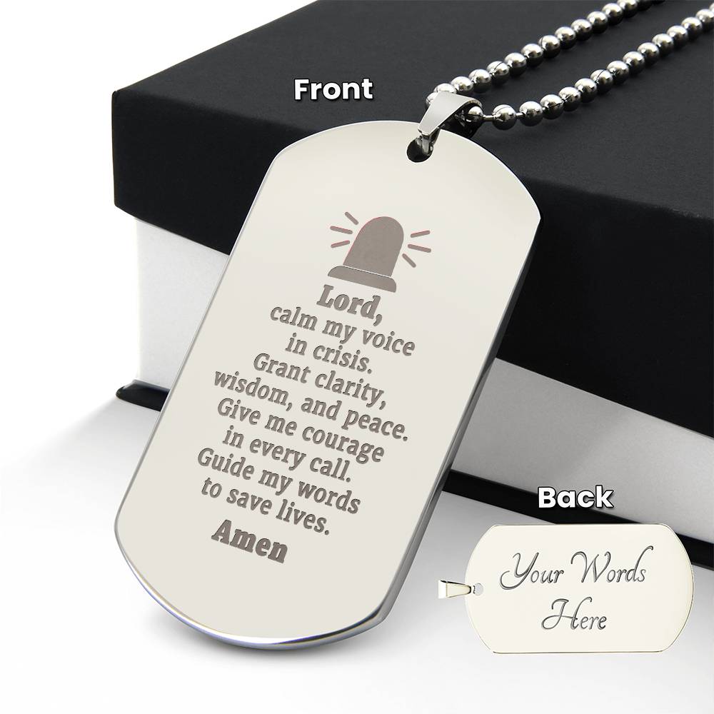 Dispatcher's Prayer Engraved Dog Tag Bible Necklace Stainless Steel or 18k Gold w 24" Chain