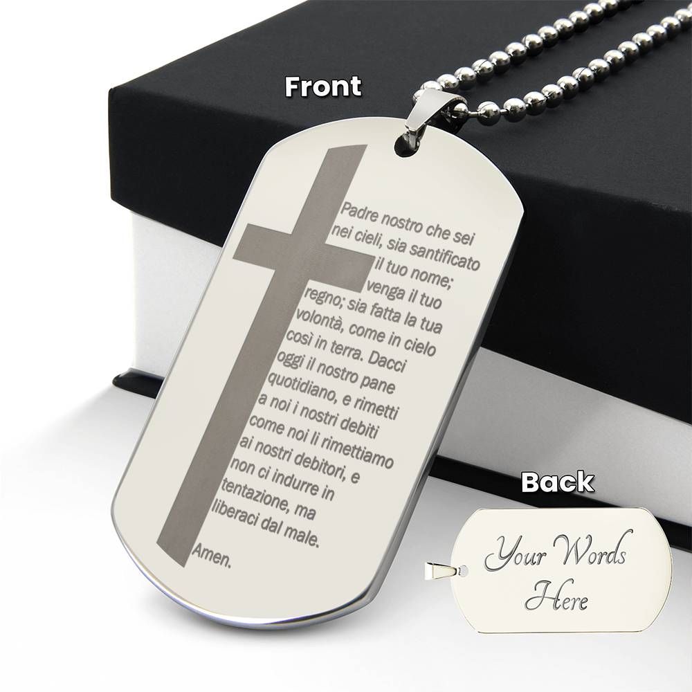 Lord's Prayer Italian Padre Nostro Engraved Dog Tag Necklace Stainless Steel or 18k Gold w 24" Chain-Express Your Love Gifts