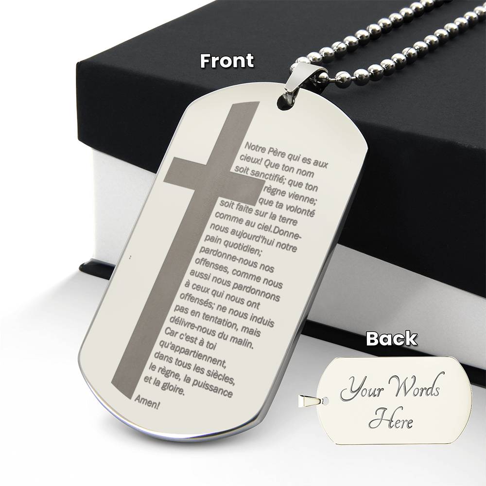 Lord's Prayer French Notre Père Dogtag Engraved Dog Tag Necklace Stainless Steel or 18k Gold w 24" Chain-Express Your Love Gifts