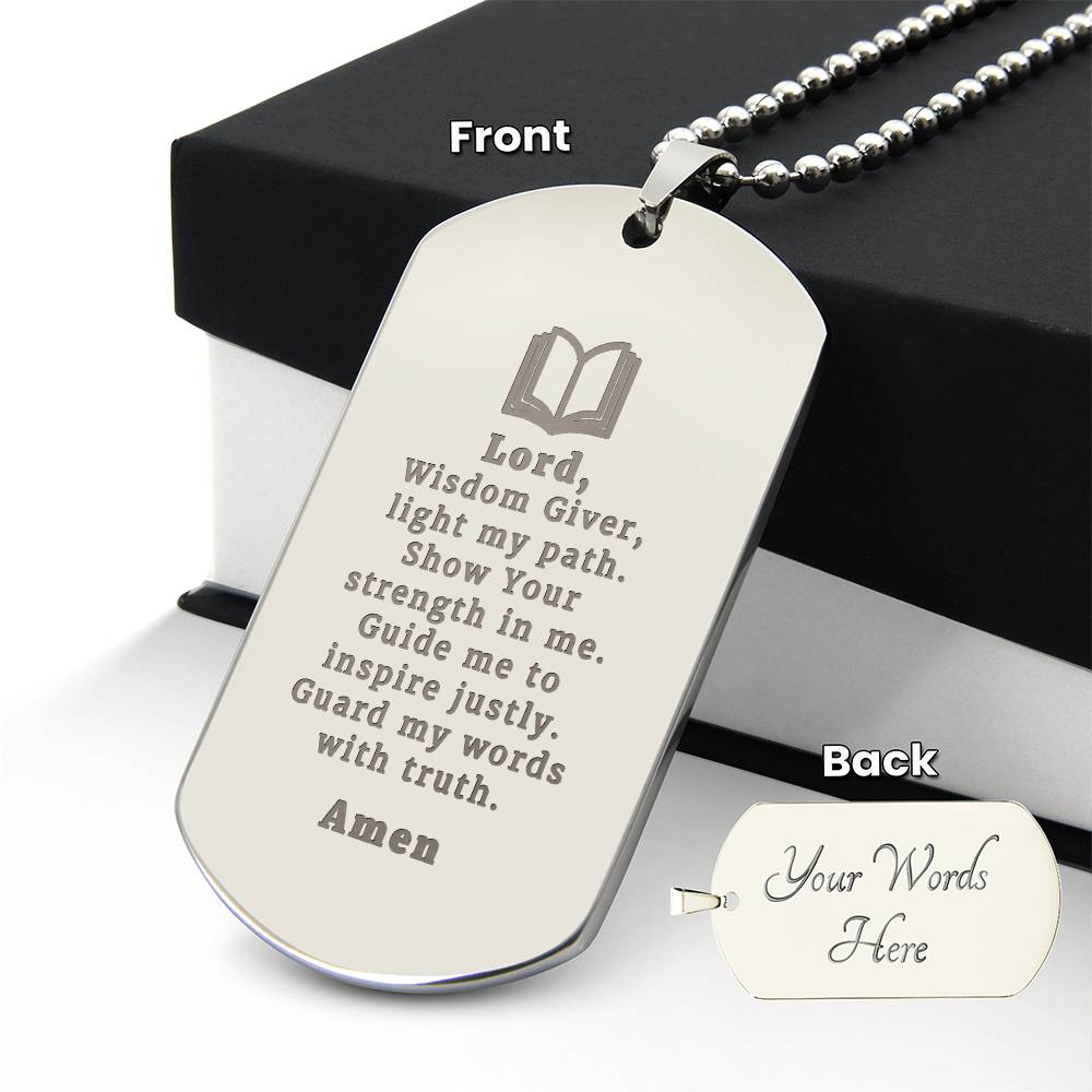 Teachers Prayer Engraved Dog Tag Bible Necklace Stainless Steel or 18k Gold w 24" Chain