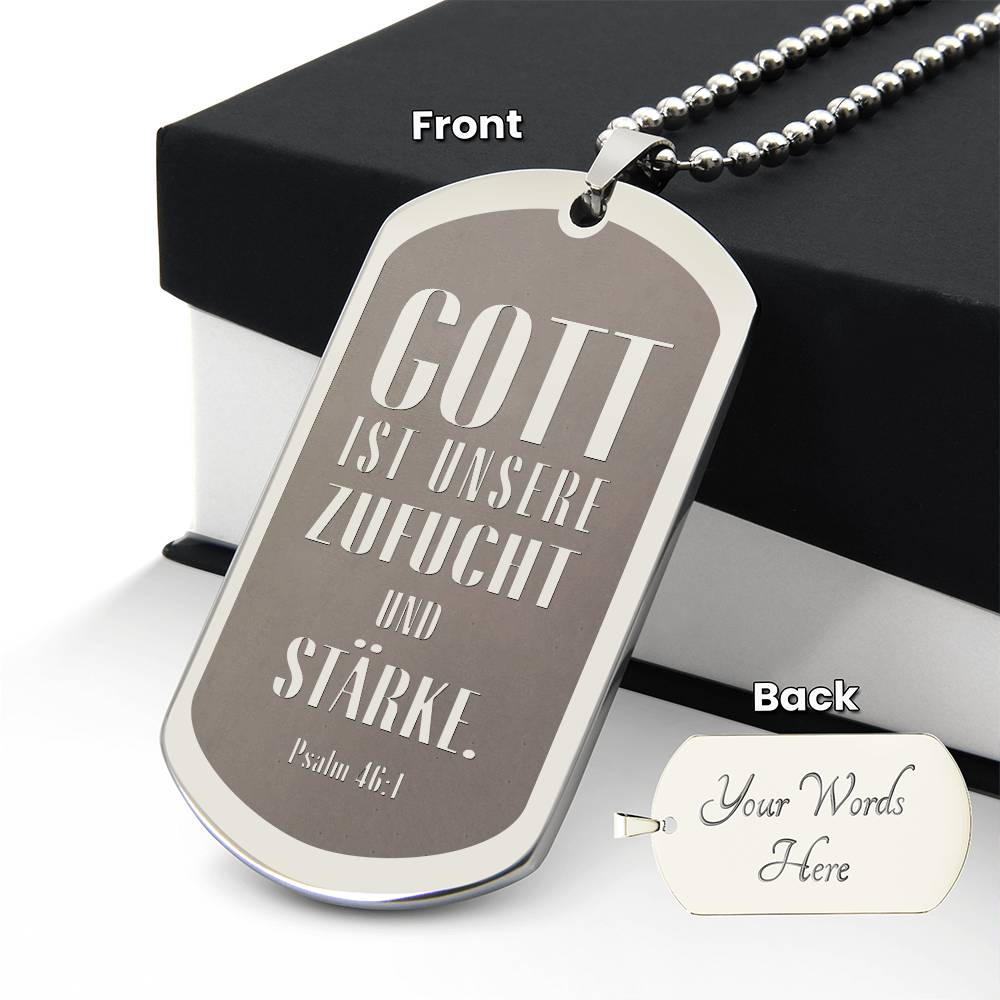 Psalm 46:10 God is Our Refuge and Strength German Engraved Dog Tag Bible Necklace Stainless Steel or 18k Gold w 24" Chain