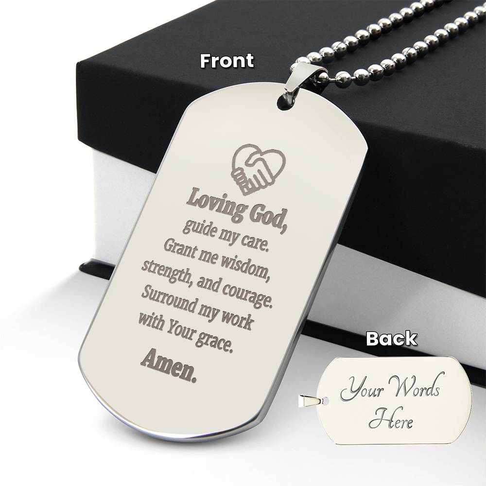 Social Workers Prayer Engraved Dog Tag Bible Necklace Stainless Steel or 18k Gold w 24" Chain