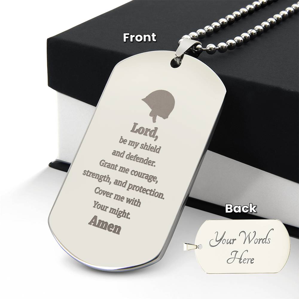 Soldiers Prayer Engraved Dog Tag Bible Necklace Stainless Steel or 18k Gold w 24" Chain