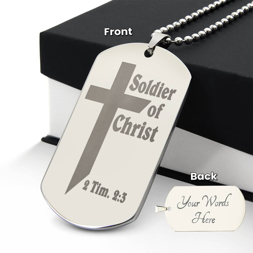 Soldier of Christ 2 Tim 2 3 Engraved Dog Tag Necklace Stainless Steel or 18k Gold w 24" Chain-Express Your Love Gifts