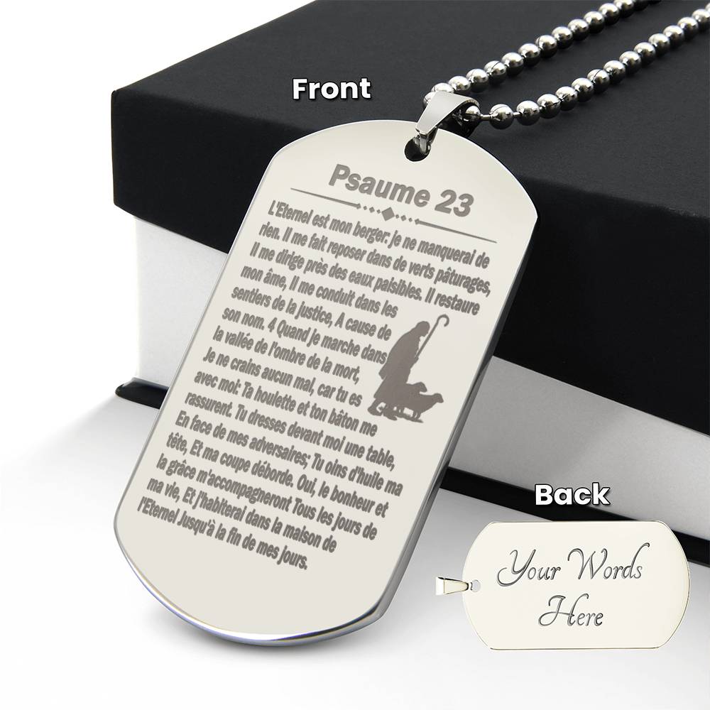 Psalm 23 French Psaume 23 Engraved Dog Tag Necklace Stainless Steel or 18k Gold w 24" Chain-Express Your Love Gifts