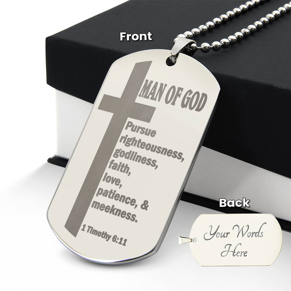 Man of God Pursuing 1 Timothy 6.11 Engraved Dog Tag Necklace Stainless Steel or 18k Gold w 24" Chain-Express Your Love Gifts