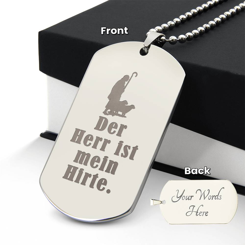 Lord is My Shephard Psalm 23 German Engraved Dog Tag Bible Necklace Stainless Steel or 18k Gold w 24" Chain