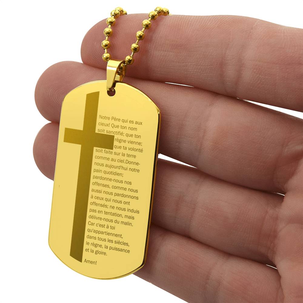Lord's Prayer French Notre Père Dogtag Engraved Dog Tag Necklace Stainless Steel or 18k Gold w 24" Chain-Express Your Love Gifts