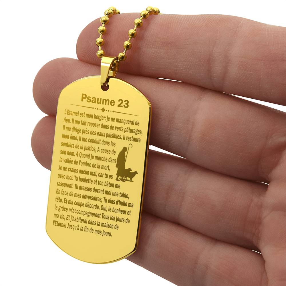 Psalm 23 French Psaume 23 Engraved Dog Tag Necklace Stainless Steel or 18k Gold w 24" Chain-Express Your Love Gifts