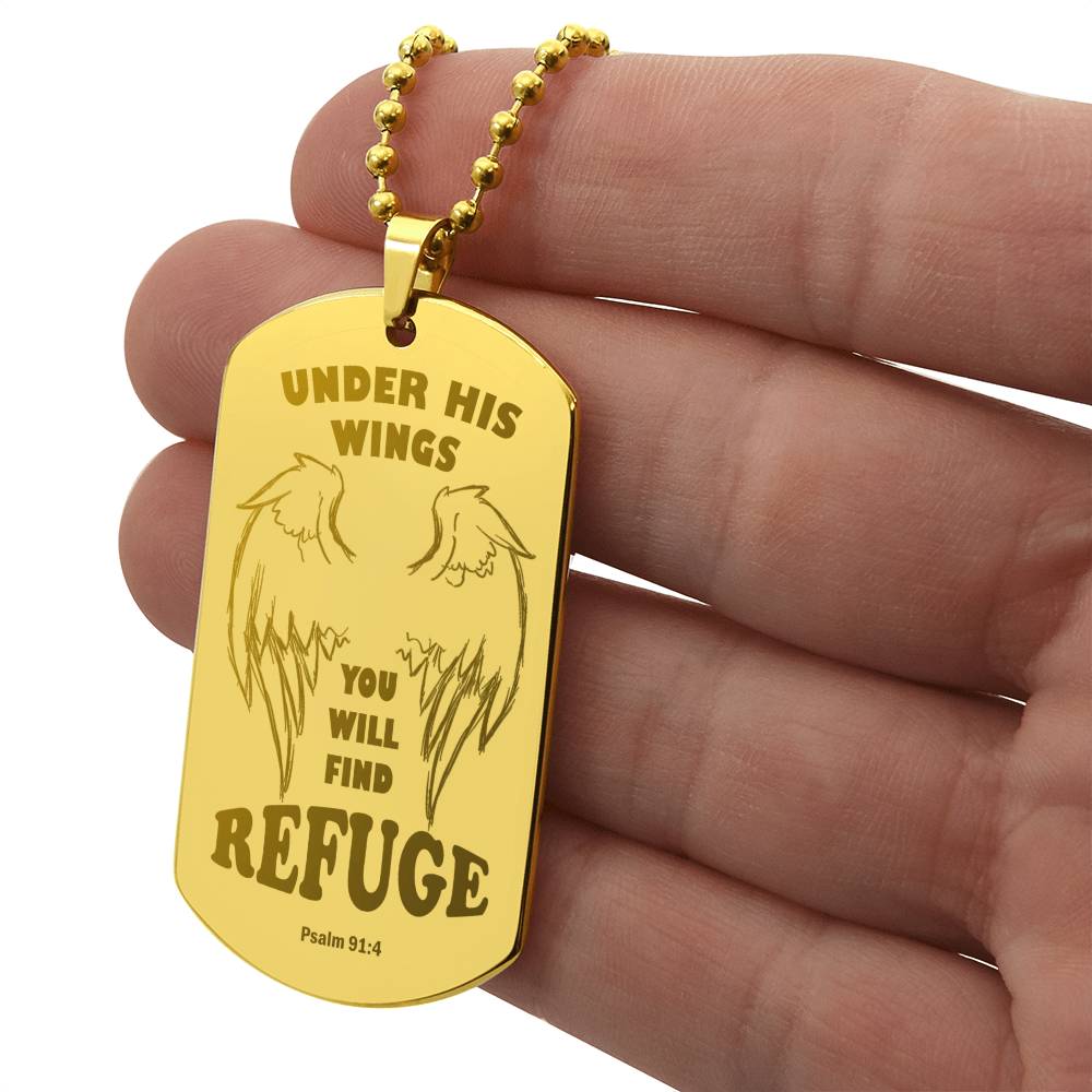 Psalm 91 Refuge Under His Wings Engraved Dog Tag Necklace Stainless Steel or 18k Gold w 24" Chain-Express Your Love Gifts