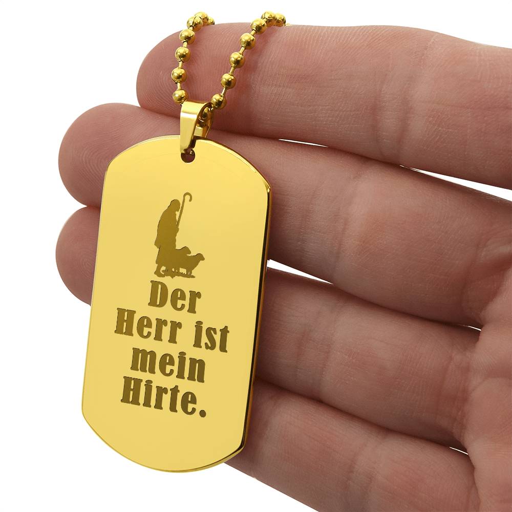 Lord is My Shephard Psalm 23 German Engraved Dog Tag Bible Necklace Stainless Steel or 18k Gold w 24" Chain