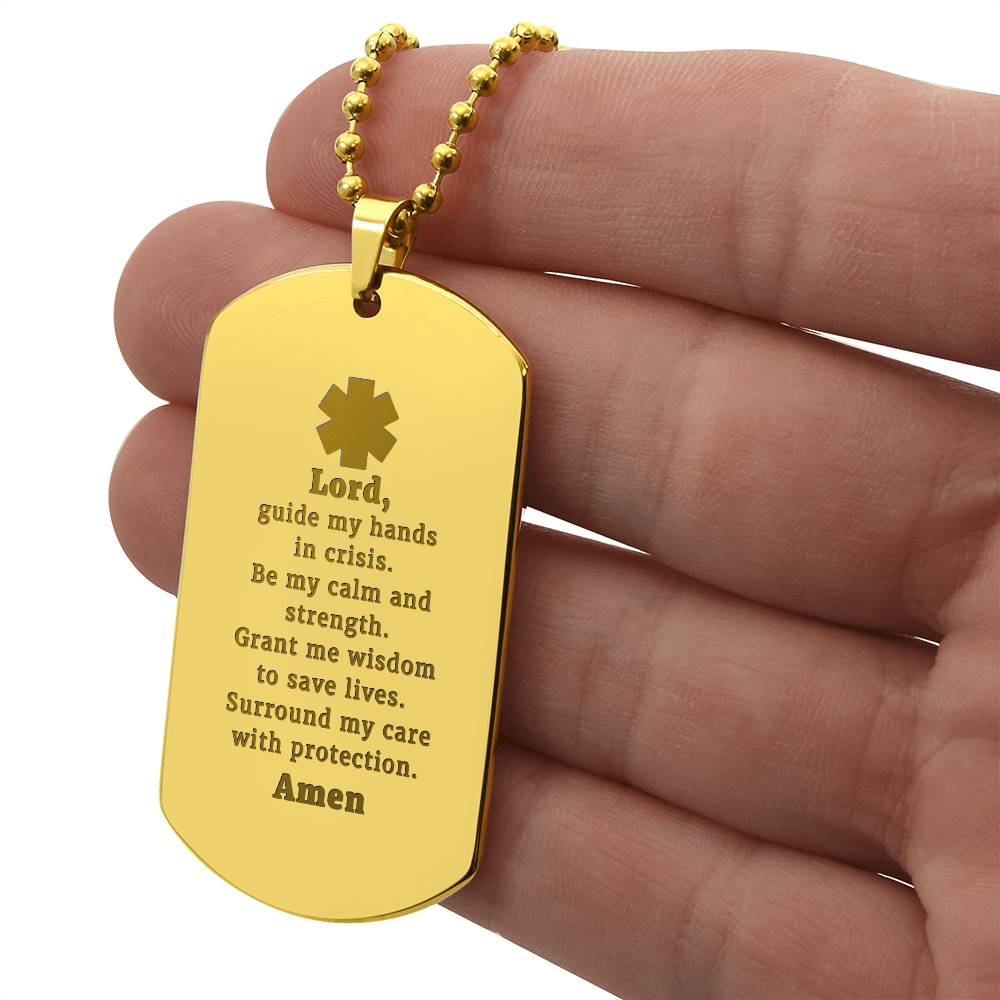 EMT Prayer Engraved Dog Tag Bible Necklace Stainless Steel or 18k Gold w 24" Chain