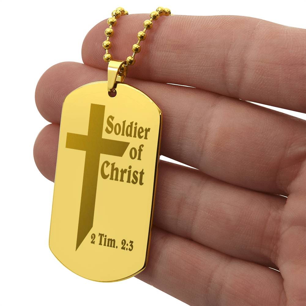 Soldier of Christ 2 Tim 2 3 Engraved Dog Tag Necklace Stainless Steel or 18k Gold w 24" Chain-Express Your Love Gifts