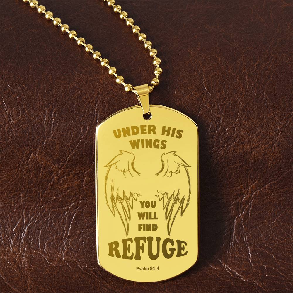 Psalm 91 Refuge Under His Wings Engraved Dog Tag Necklace Stainless Steel or 18k Gold w 24" Chain-Express Your Love Gifts