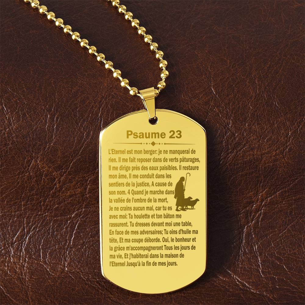 Psalm 23 French Psaume 23 Engraved Dog Tag Necklace Stainless Steel or 18k Gold w 24" Chain-Express Your Love Gifts