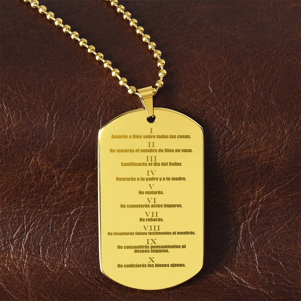 Ten Commandments Spanish Diez Mandamientos Engraved Dog Tag Necklace Stainless Steel or 18k Gold w 24" Chain-Express Your Love Gifts