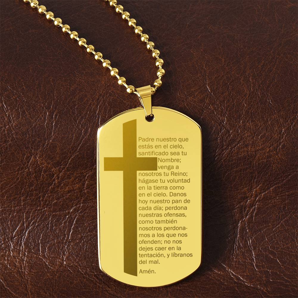 Lords Prayer Spanish Padre Nuestro Engraved Dog Tag Necklace Stainless Steel or 18k Gold w 24" Chain-Express Your Love Gifts