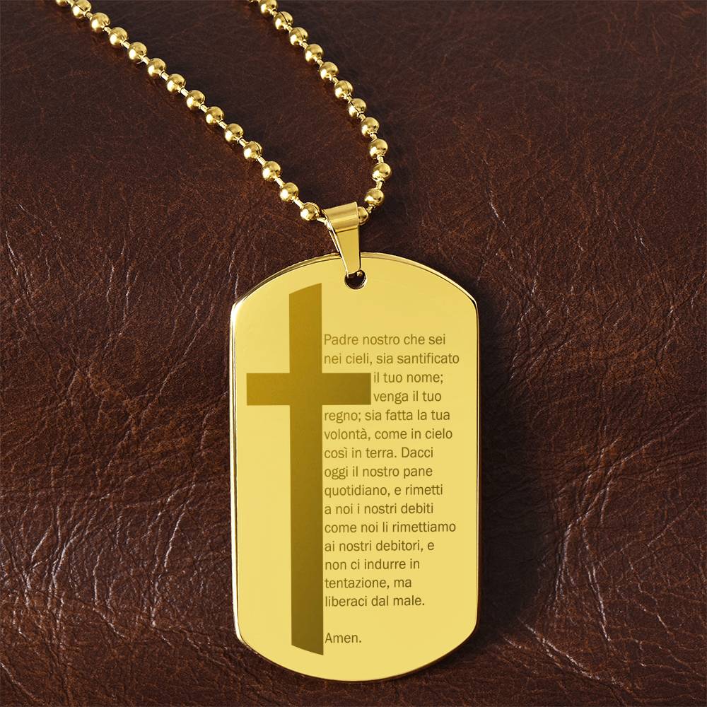 Lord's Prayer Italian Padre Nostro Engraved Dog Tag Necklace Stainless Steel or 18k Gold w 24" Chain-Express Your Love Gifts