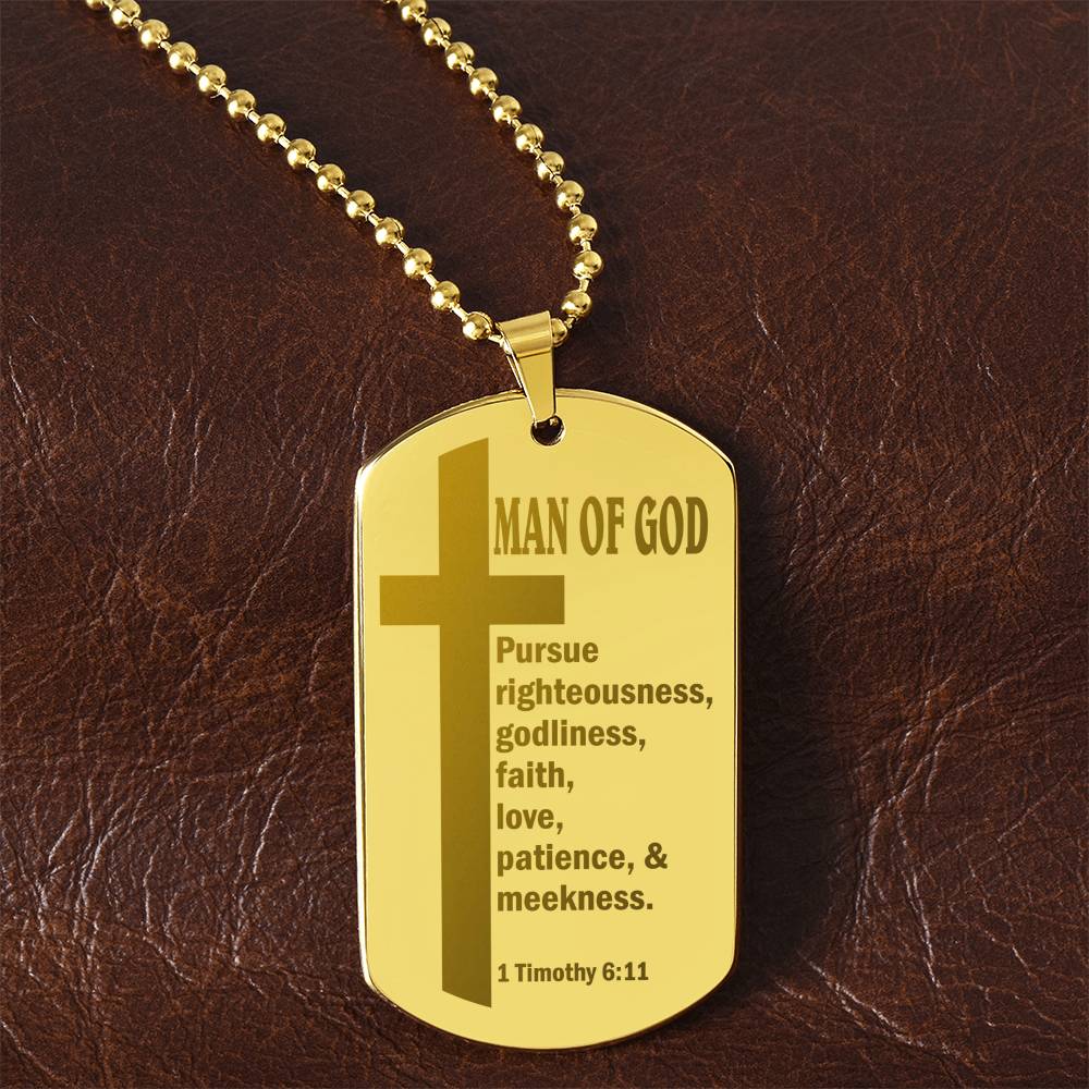 Man of God Pursuing 1 Timothy 6.11 Engraved Dog Tag Necklace Stainless Steel or 18k Gold w 24" Chain-Express Your Love Gifts