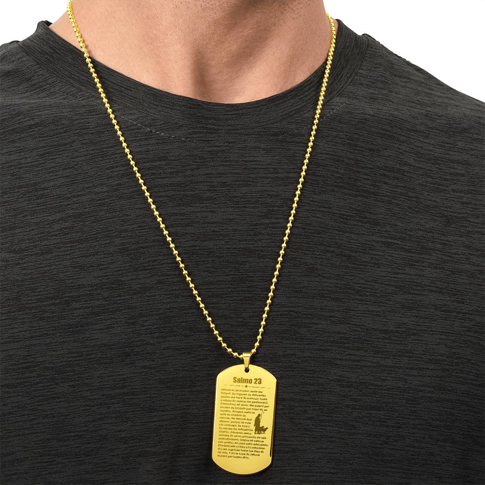 Psalm 23 Spanish Salmo 23 Engraved Dog Tag Necklace Stainless Steel or 18k Gold w 24" Chain-Express Your Love Gifts
