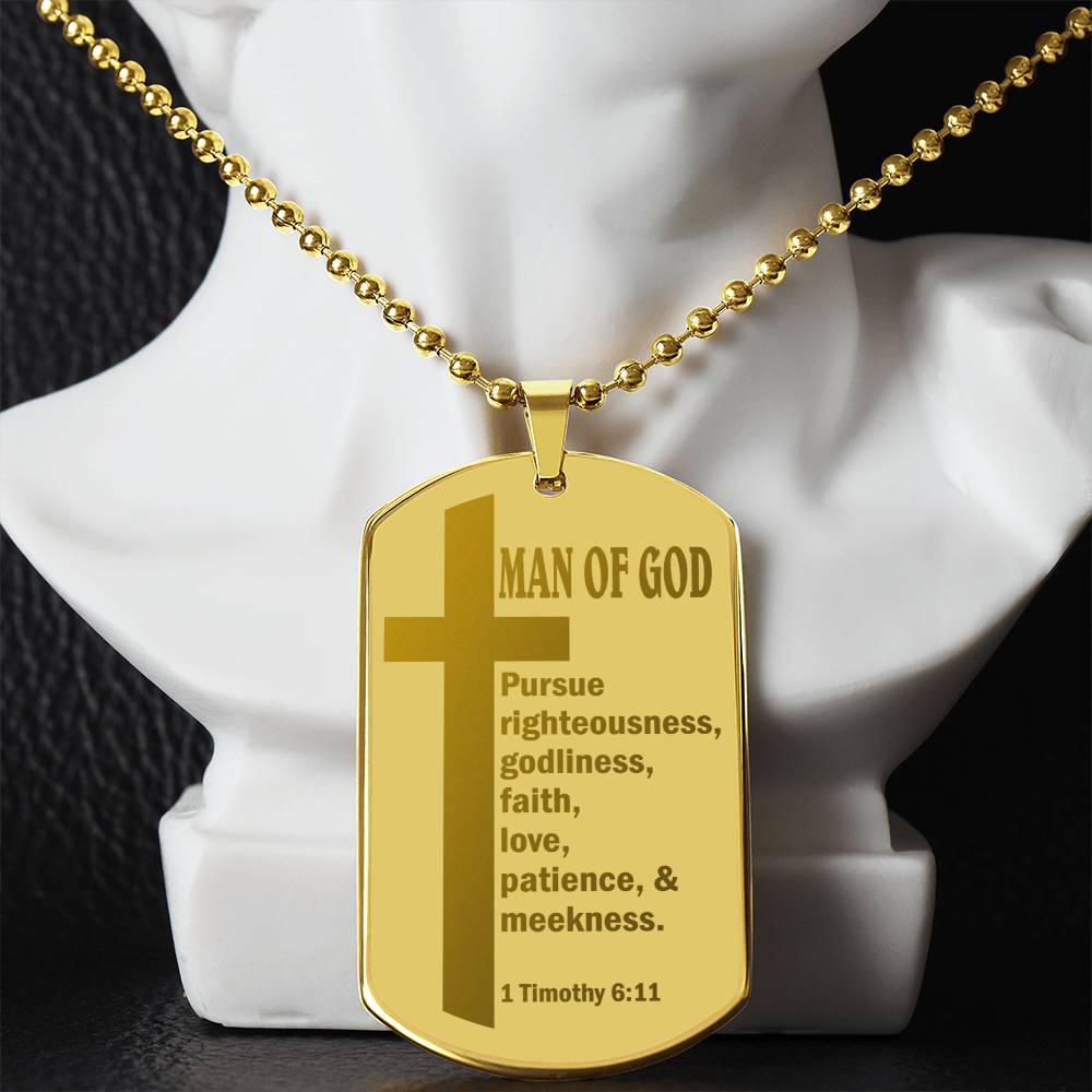 Man of God Pursuing 1 Timothy 6.11 Engraved Dog Tag Necklace Stainless Steel or 18k Gold w 24" Chain-Express Your Love Gifts