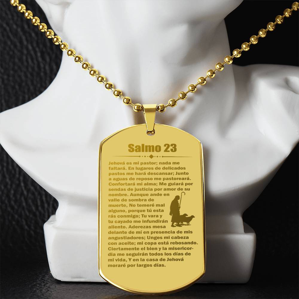 Psalm 23 Spanish Salmo 23 Engraved Dog Tag Necklace Stainless Steel or 18k Gold w 24" Chain-Express Your Love Gifts