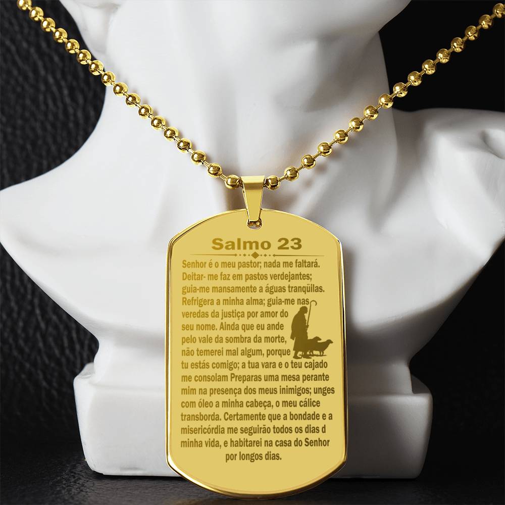 Psalm 23 Portuguese Salmo 23 Engraved Dog Tag Necklace Stainless Steel or 18k Gold w 24" Chain-Express Your Love Gifts