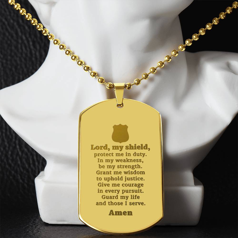 Police Prayer Badge Engraved Dog Tag Bible Necklace Stainless Steel or 18k Gold w 24" Chain