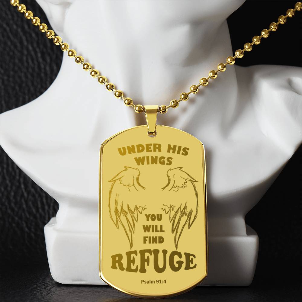 Psalm 91 Refuge Under His Wings Engraved Dog Tag Necklace Stainless Steel or 18k Gold w 24" Chain-Express Your Love Gifts