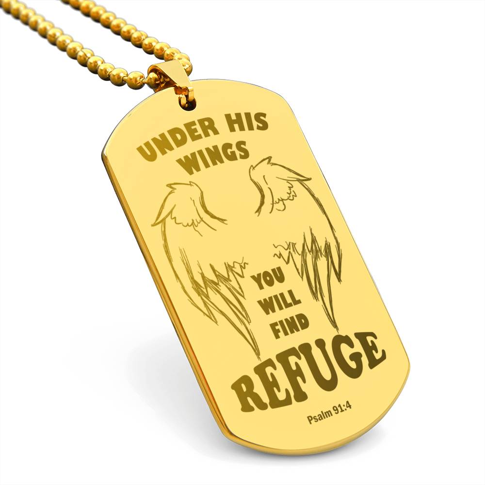Psalm 91 Refuge Under His Wings Engraved Dog Tag Necklace Stainless Steel or 18k Gold w 24" Chain-Express Your Love Gifts