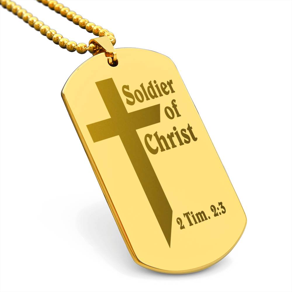 Soldier of Christ 2 Tim 2 3 Engraved Dog Tag Necklace Stainless Steel or 18k Gold w 24" Chain-Express Your Love Gifts