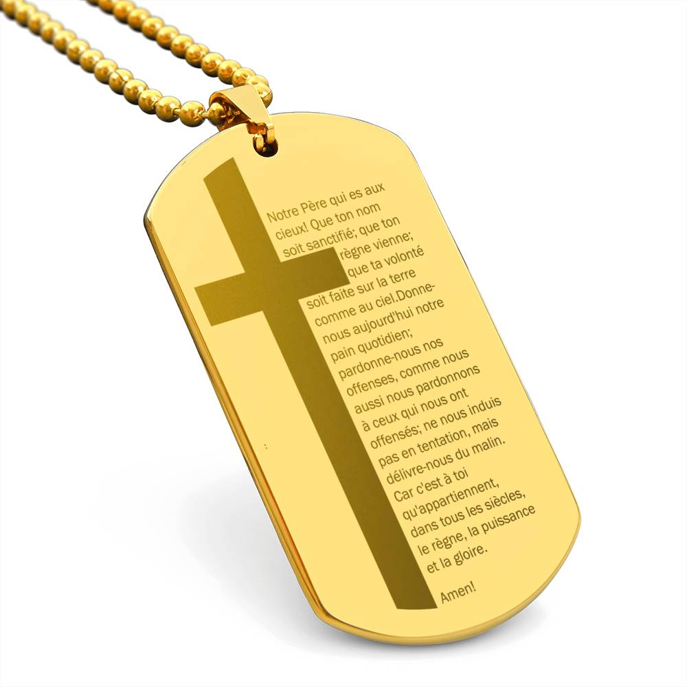 Lord's Prayer French Notre Père Dogtag Engraved Dog Tag Necklace Stainless Steel or 18k Gold w 24" Chain-Express Your Love Gifts