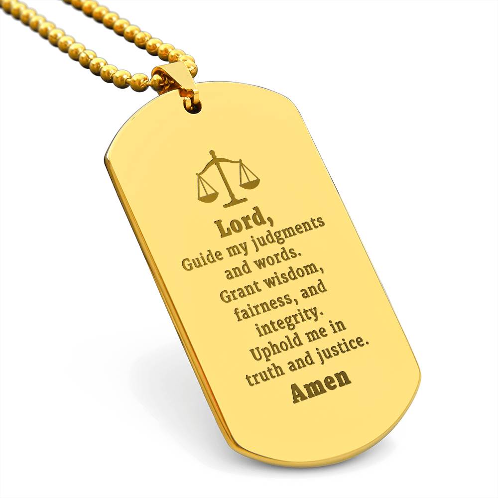 Judge and Lawyers Prayer Engraved Dog Tag Bible Necklace Stainless Steel or 18k Gold w 24" Chain