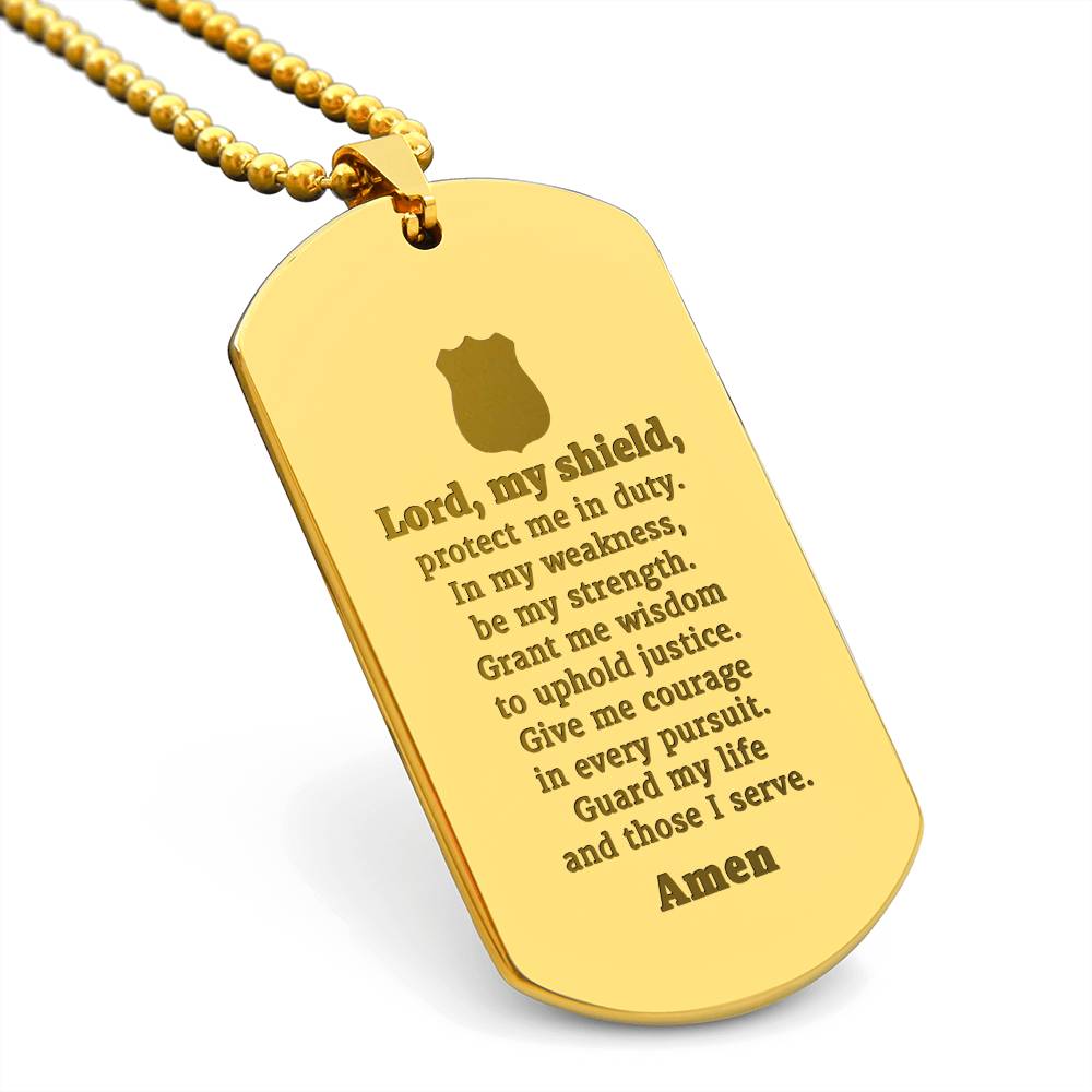 Police Prayer Badge Engraved Dog Tag Bible Necklace Stainless Steel or 18k Gold w 24" Chain
