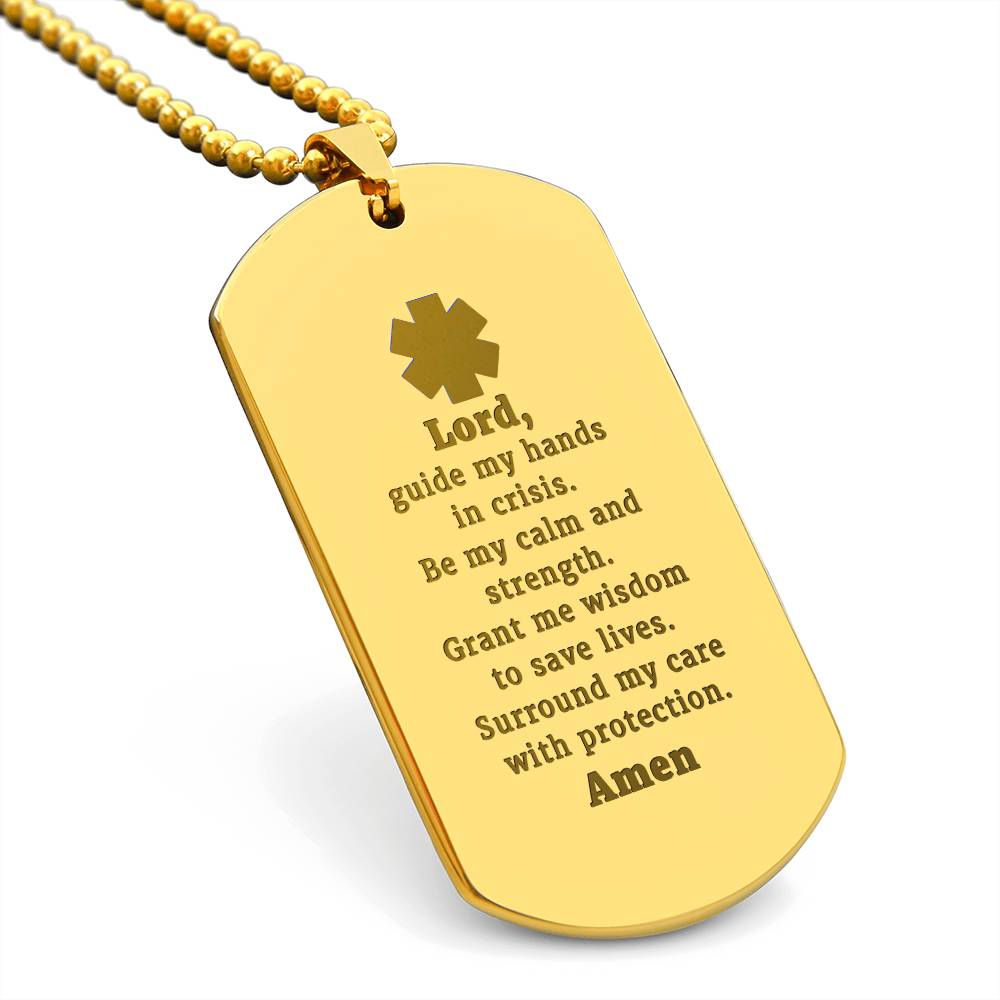 EMT Prayer Engraved Dog Tag Bible Necklace Stainless Steel or 18k Gold w 24" Chain