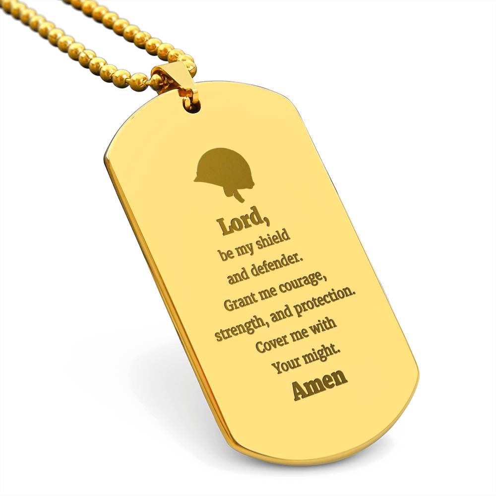 Soldiers Prayer Engraved Dog Tag Bible Necklace Stainless Steel or 18k Gold w 24" Chain