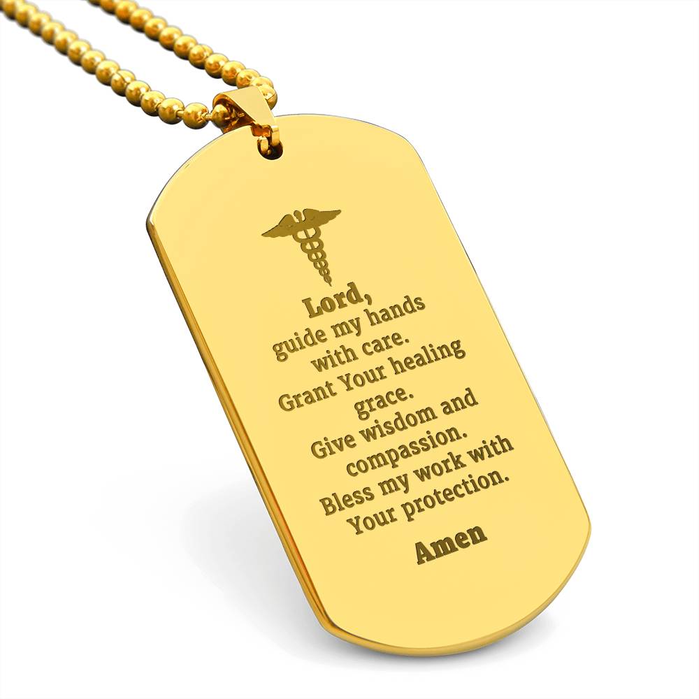 Doctors Prayer Engraved Dog Tag Bible Necklace Stainless Steel or 18k Gold w 24" Chain