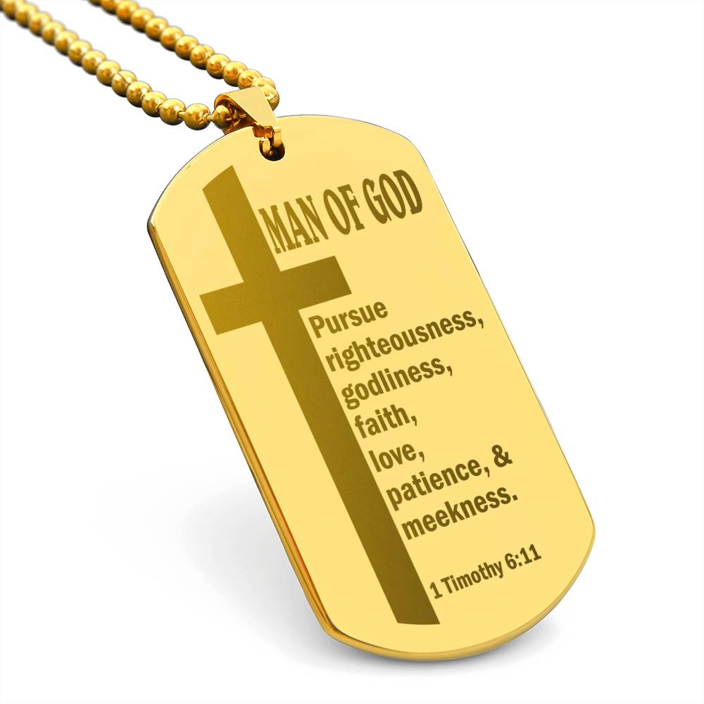 Man of God Pursuing 1 Timothy 6.11 Engraved Dog Tag Necklace Stainless Steel or 18k Gold w 24" Chain-Express Your Love Gifts